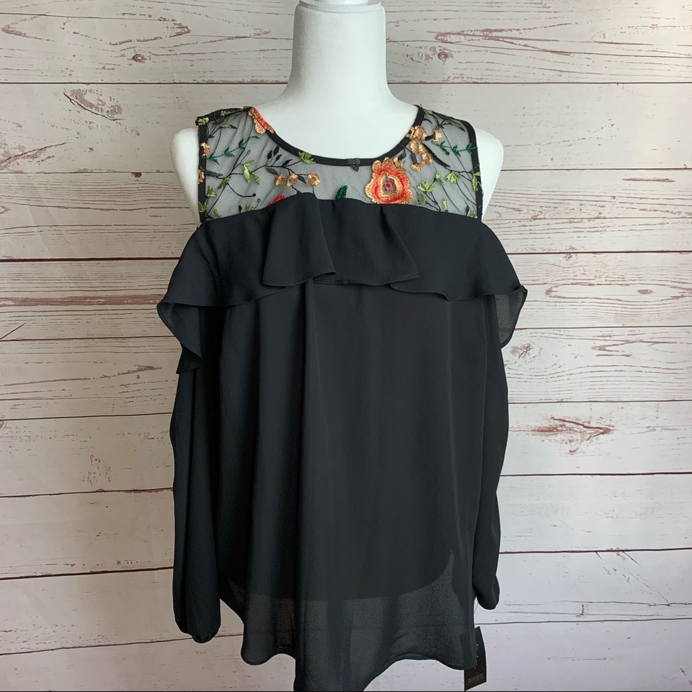 Thalia Sodi Black Cold Shoulder Ruffle Top